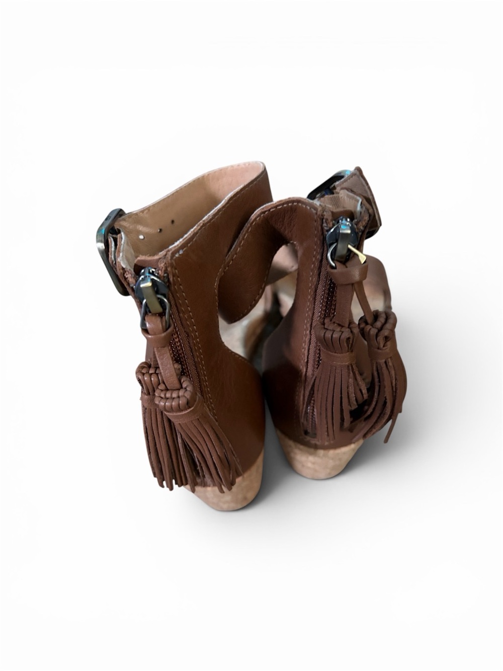 UGG Zoe Cork Brown Leather Cork Wedge Sandals with Tassel - Picture 5 of 6